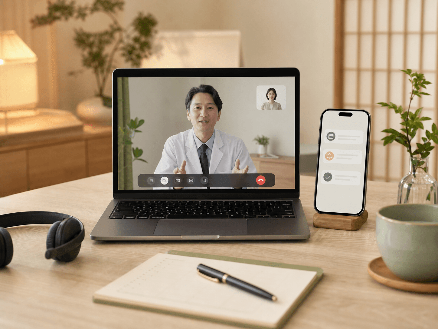 ビデオ診療画面とスマートフォン通知